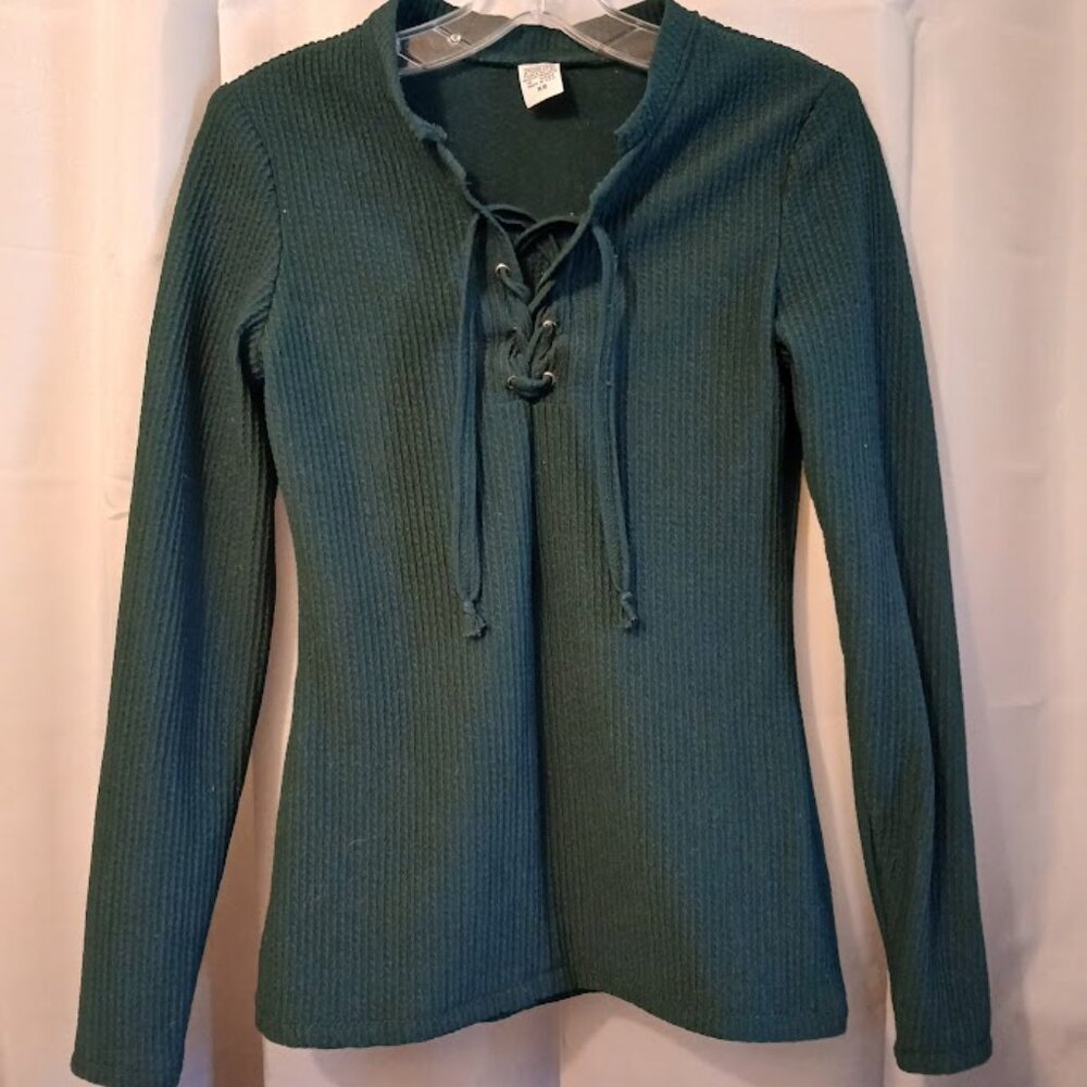 New Lace Up Henley T-shirt Top XS Dark Green Bullet texture fabric Cable knit LS